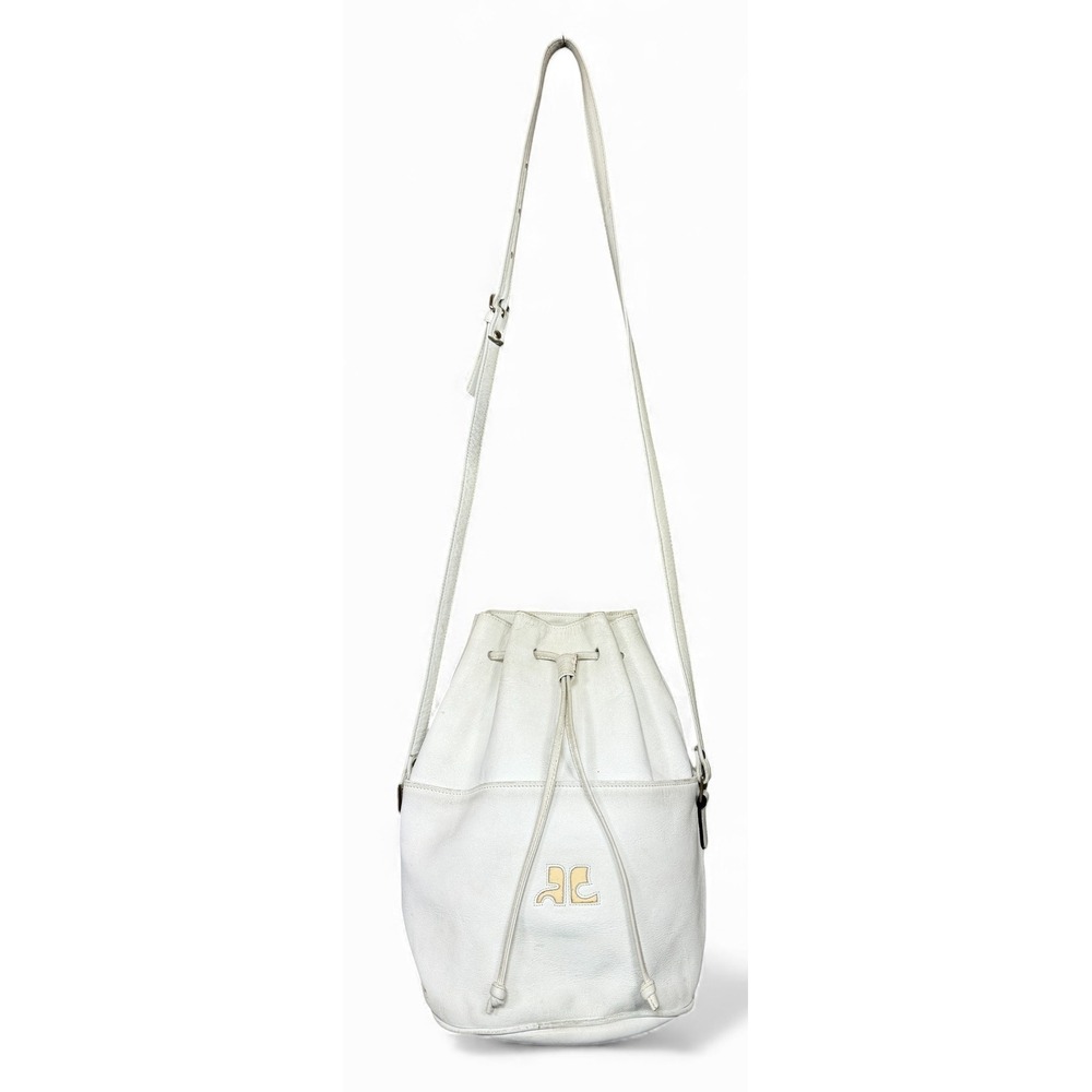 Vintage Courreges Paris Drawstring Bucket Bag White Leather Logo Classic
